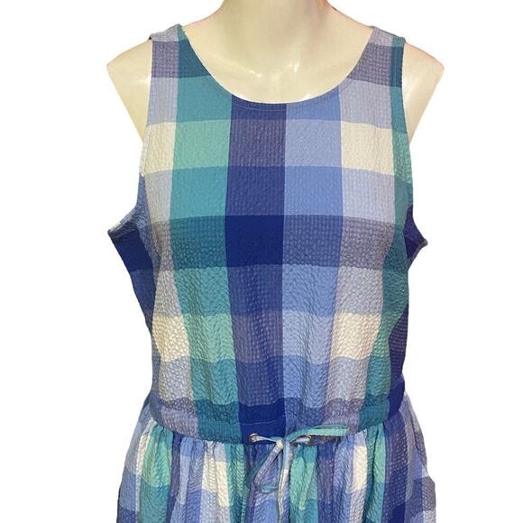 LOFT Blue Plaid Seersucker Midi Dress Size L - Picture 3 of 9